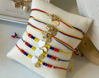 Pulsera tricolor venezolana, pulsera de la amistad ajustable, pulsera roja, amarilla y azul, pulsera con dije dorado, regalo para ella, joyería latina