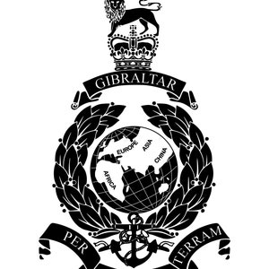 May include: Black and white crest featuring a lion, crown, and globe. The text "GIBRALTAR" is above the globe. The text "PER MARE PER TERRAM" is below the globe.