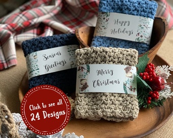 Printable dishcloth/washcloth wrappers for crochet, knit and handmade dishcloths -  24 Different Winter Farmhouse style labels included.