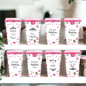 Plantilla para taza de café de San Valentín, tarjeta de presentación para fundas de taza tejidas a crochet. Imprima en cartón para exhibir o regalar sus fundas para tazas para San Valentín.