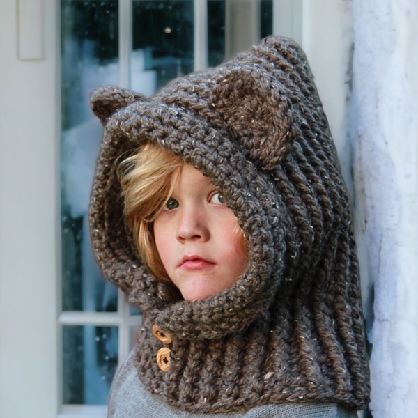 Modèle au crochet de capuche ours, cagoule à capuche avec oreilles, motif de cagoule ours au crochet, tailles tout-petits, enfants, adolescents et adultes