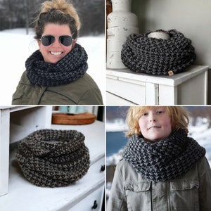 boy and lady wearing black and grey textured that looks like houndstooth crochet cowl