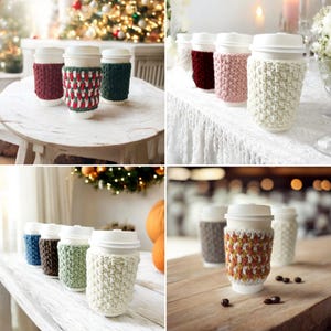 group of crochet cup cozies that look knit