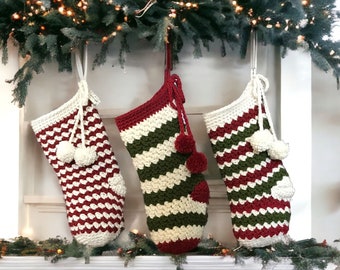 Easy Crochet Christmas Stocking Pattern with Video - Rainer Christmas Stocking in stripes or solid colour.  Striping instructions included