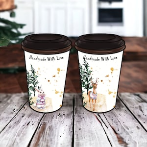 Plantilla para taza de café imprimible y acogedora con funda de cartón para exhibirla - Tema de animales de invierno Cottagecove