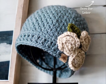 Crochet Hat Pattern with Roses. Brighton Crochet Beanie Pattern Sizes included for babies, toddlers, children and adults.