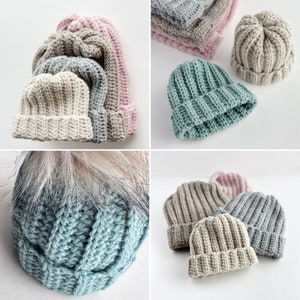 stack of crochet ribbed beanies in cream grey beige and pink on a wood dresser