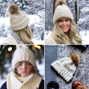 a women wearing a cream thick crochet hat with a rolled brim and knit look texture with pompom snow in the background