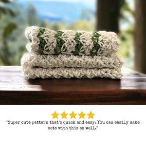 three crochet dishcloths that have a Lacey vintage farmhouse look cream, green with cream trim and green and cream striped with cream trim