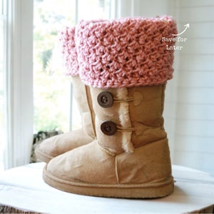 textured pink crochet boot cuffs, toppers, spats rolled over to cover the top of the boots that look like beige ugg boots