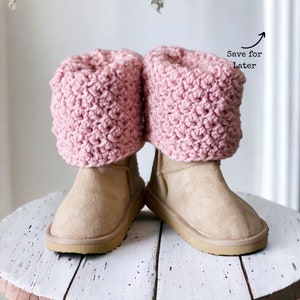 textured pink crochet boot cuffs, toppers, spats rolled over to cover the top of the boots that look like beige ugg boots