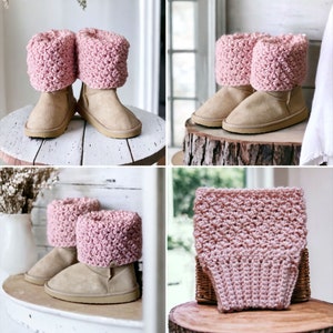 textured pink crochet boot cuffs, toppers, spats rolled over to cover the top of the boots that look like beige ugg boots