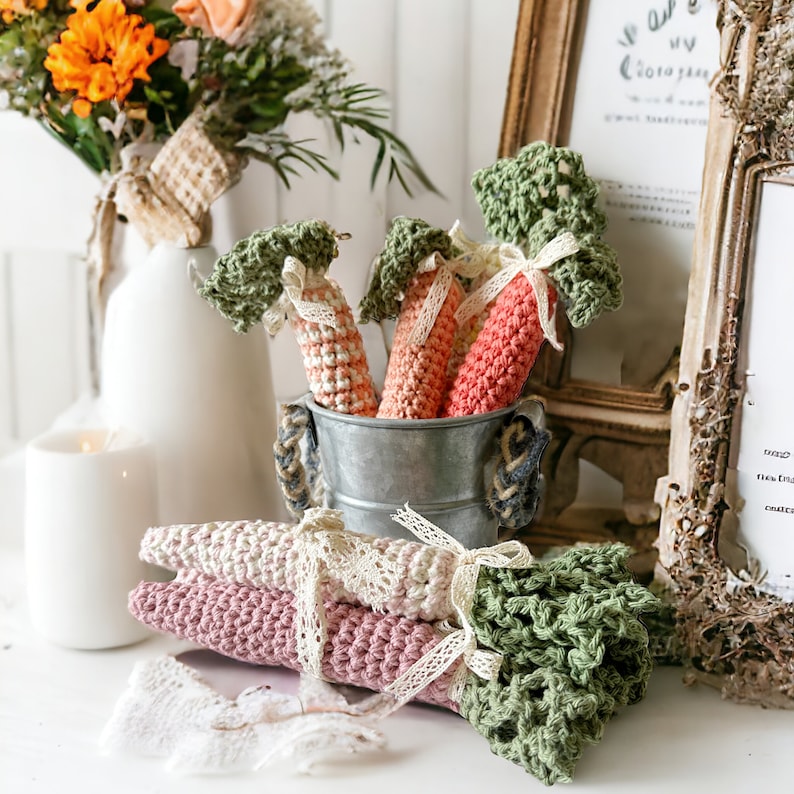 crochet carrots with green lacey tops in different colours for crochet carrot pattern