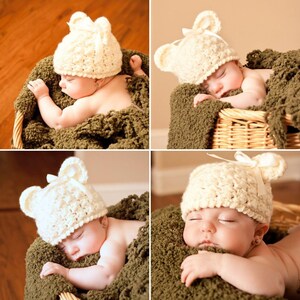 May include: Four photos of a baby wearing a white crocheted bear hat with floppy ears. The baby is sleeping in a basket lined with a green blanket.