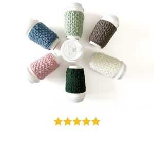 group of crochet cup cozies that look knit