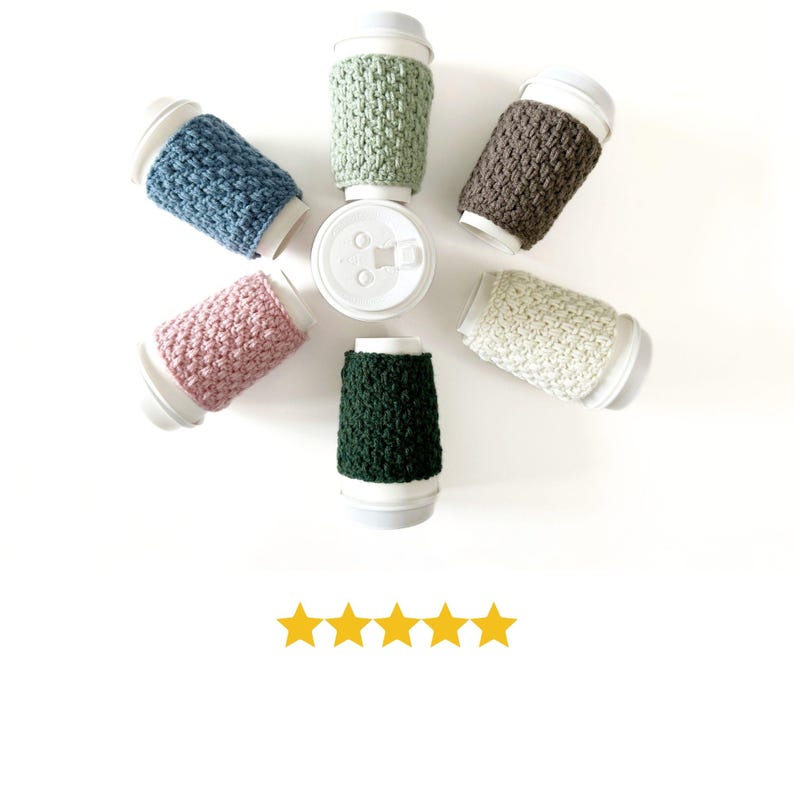 group of crochet cup cozies that look knit