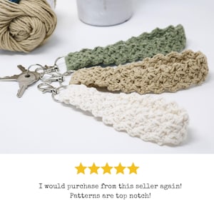 May include: Three handmade crochet keychains in white, tan, and green, with silver-tone hardware. The keychains are displayed with keys and a ball of yarn. The text reads: "I would purchase from this seller again! Patterns are top notch!"