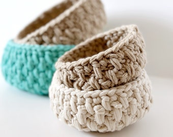 The Brighton Crochet Nesting Basket Pattern. Sustainable crochet basket perfect housewarming gifts and home organization.