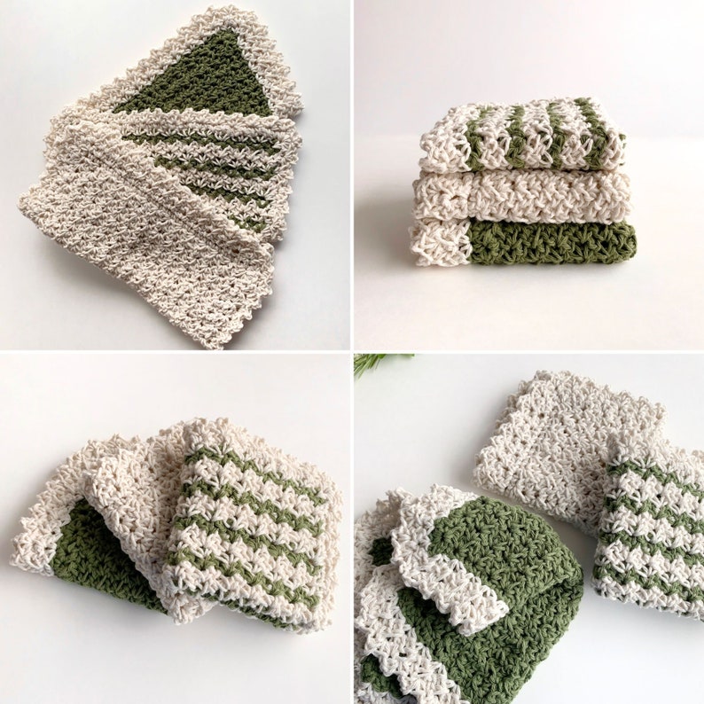 three crochet dishcloths that have a Lacey vintage farmhouse look cream, green with cream trim and green and cream striped with cream trim