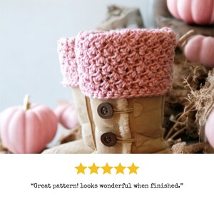 textured pink crochet boot cuffs, toppers, spats rolled over to cover the top of the boots that look like beige ugg boots