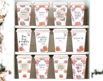 Printable Coffee Cup Sleeve Template, Fall, Thanksgiving Theme. Downloadable Coffee Cozy Display, Gift Insert. 12 Different Designs.