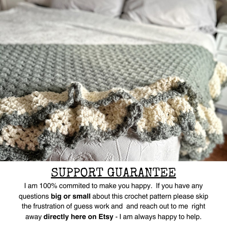 a green crocheted blanket  with cream crochet border sits on a bed