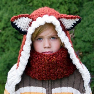 Capuche au crochet, motif renard et capuche au crochet, tailles enfant et adulte