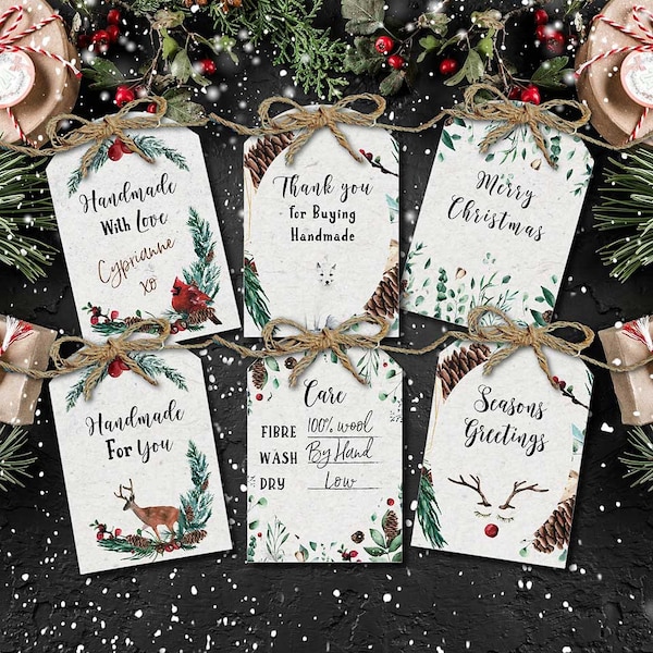 Printable Gift Tags for handmade, crochet, knit, sewn, baked items. Farmhouse Handmade with Love, Care Tags, Christmas and more!