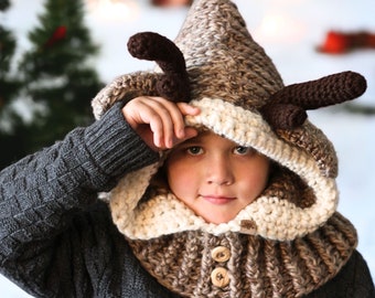 Crochet Reindeer Hat Pattern - Crochet Reindeer Hood and Cowl Pattern - Crochet Hood and Cowl Toddler