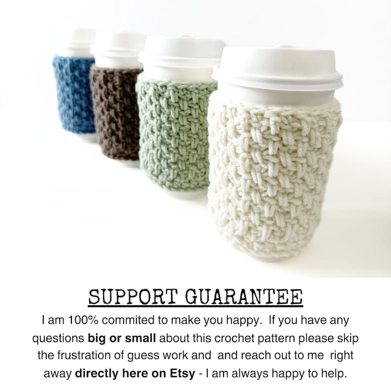 group of crochet cup cozies that look knit