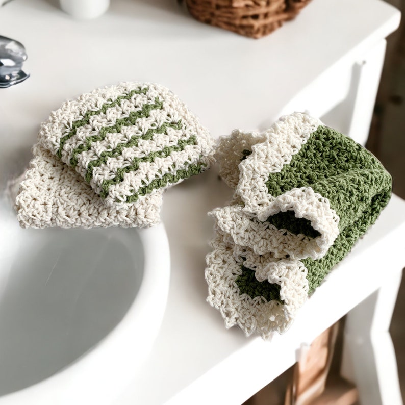 three crochet dishcloths that have a Lacey vintage farmhouse look cream, green with cream trim and green and cream striped with cream trim