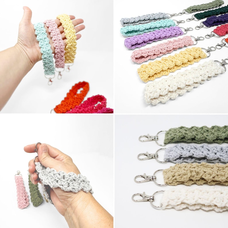 May include: A collection of handmade crochet wrist straps in various colors, including pastel shades of blue, pink, and yellow, as well as green, gray, and white. Each strap features a silver-tone clasp for attaching keys or other small items.