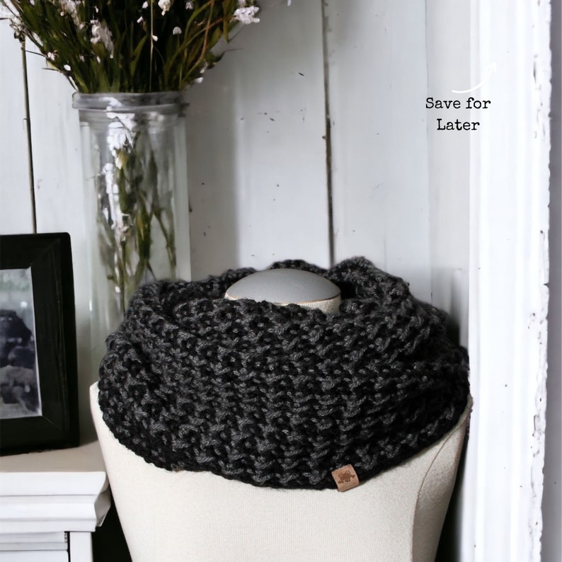 black and grey textured that looks like houndstooth crochet cowl