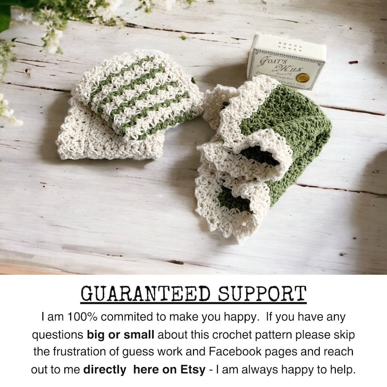 three crochet dishcloths that have a Lacey vintage farmhouse look cream, green with cream trim and green and cream striped with cream trim