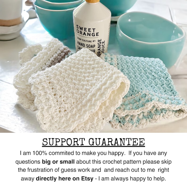 three crochet dishcloths made using the crochet crunch stitch clothes are in aqua cream and brown with a contrast border