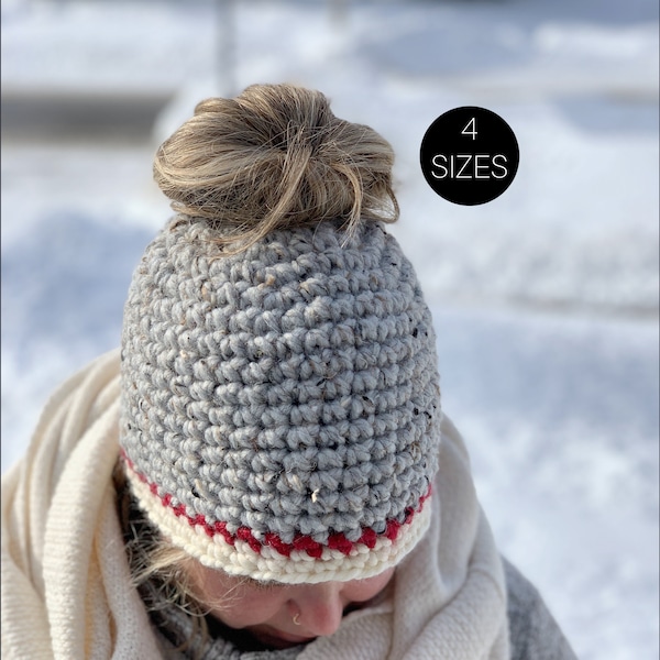 Crochet Pattern - Easy Crochet Messy Bun Hat Pattern - Ponytail hat for toddler, child and adult - 1 hour messy bun beanie pattern 4 sizes