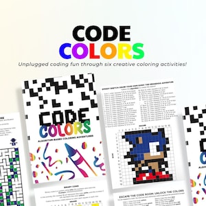 Könnte beinhalten: Code Colors: Algorithm-basierte Malabenteuer Buchcover mit einem bunten Stift und einem Raster mit schwarzen und weißen Quadraten. Der Buchtitel ist in fetten, bunten Buchstaben. Das Buchcover enthält auch den Text "Speedy Sketch Draw Your Own Sonic the Hedgehog Adventure!" und "Escape the Code Room: Unlock the Colors".