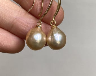 Sterling Silver Light Golden Very Lustrous Freshwater Baroque Pearl Dangle Earrings 9.0x10.5mm