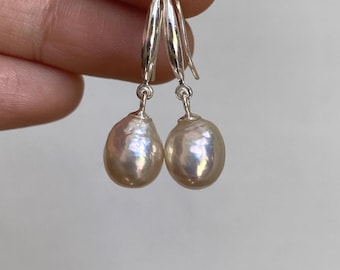 Sterling Silver Very Light Golden Lustrous Freshwater Baroque Pearl Dangle Earrings 7.9x9.7mm
