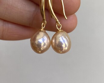 Sterling Silver Light Golden Very Lustrous Freshwater Baroque Pearl Dangle Earrings 8.5x10.4mm
