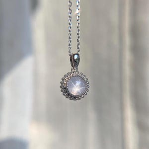 Solid 14K Gold Beaded Border Natural White Star Sapphire Pendant Vintage Design Star Sapphire Gift for Her