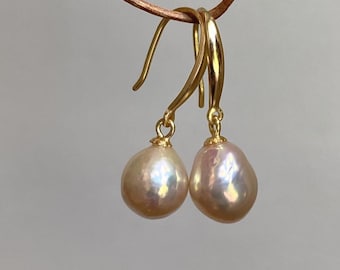 Sterling Silver Light Golden Very Lustrous Freshwater Baroque Pearl Dangle Earrings 8.4x10.0mm