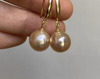 Sterling Silver Light Golden Very Lustrous Freshwater Baroque Pearl Dangle Earrings 9.8x10.5mm