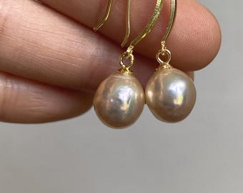 Sterling Silver Light Golden Very Lustrous Freshwater Baroque Pearl Dangle Earrings 8.6x10.1mm