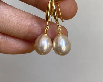 Sterling Silver Light Golden Very Lustrous Freshwater Baroque Pearl Dangle Earrings 8.8x10.7mm
