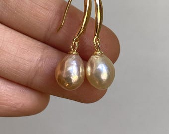 Sterling Silver Light Golden Very Lustrous Freshwater Baroque Pearl Dangle Earrings 8.0x10.2mm