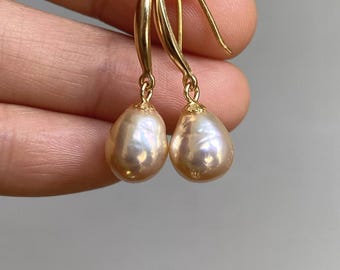 Sterling Silver Light Golden Very Lustrous Freshwater Baroque Pearl Dangle Earrings 8.0x10.0mm