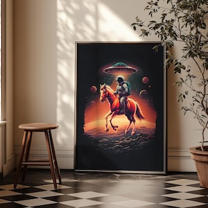 Cowboy UFO digital poster, ufo cowboys, ufo poster print, ufo alien poster, ufos aliens posters, vintage shirt alien, vintage ufo aliens art
