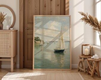 Sage grünes Segelboot Drucken, weiche nautische Wandkunst, Küsten Dekor digitaler Download