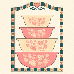 May include: A stack of four vintage-style mixing bowls in shades of pink and cream, adorned with a floral and berry pattern. The bowls are set within a decorative frame featuring hearts and a teal border, creating a retro kitchen aesthetic.
